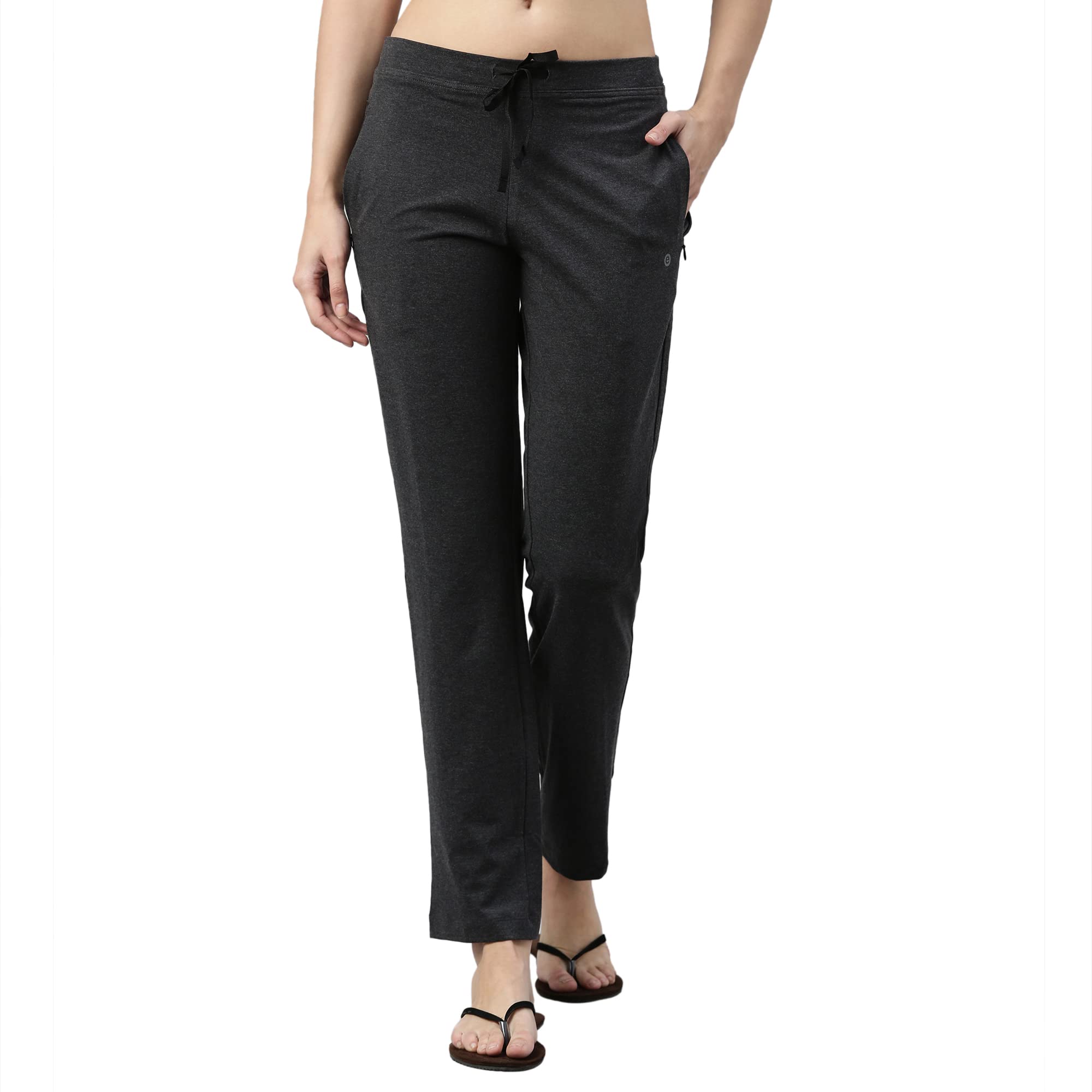 Enamor Women Slim Fit Cotton Pants (E014_Charcoal Melange_L_Charcoal Melange_L)