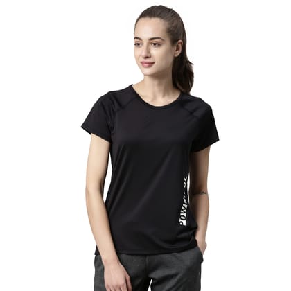 Enamor Athleisure Women's Polyester Relaxed Fit Long Length Raglan Sleeves Scoop Neck Quick Dry 4 Way Stretch Antimicrobial Graphic Tee - E163(E163-Jet Black -M)