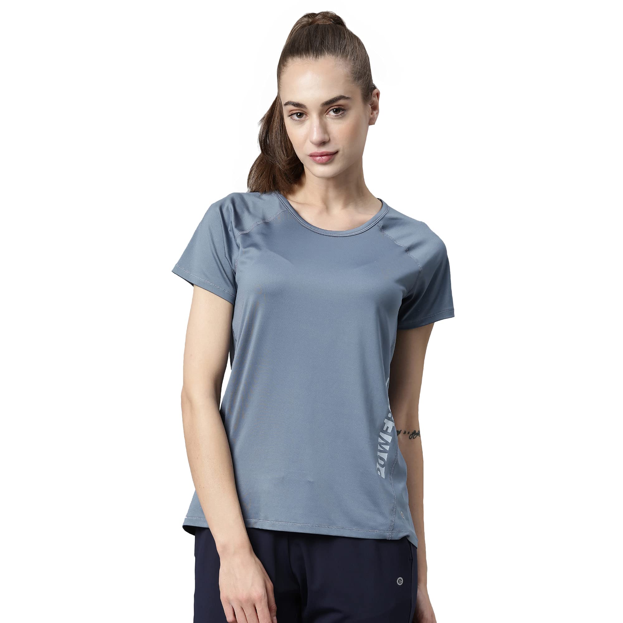 Enamor Athleisure Women's Polyester Relaxed Fit Long Length Raglan Sleeves Scoop Neck Quick Dry 4 Way Stretch Antimicrobial Graphic Tee - E163(E163-Vintage Blue -M)