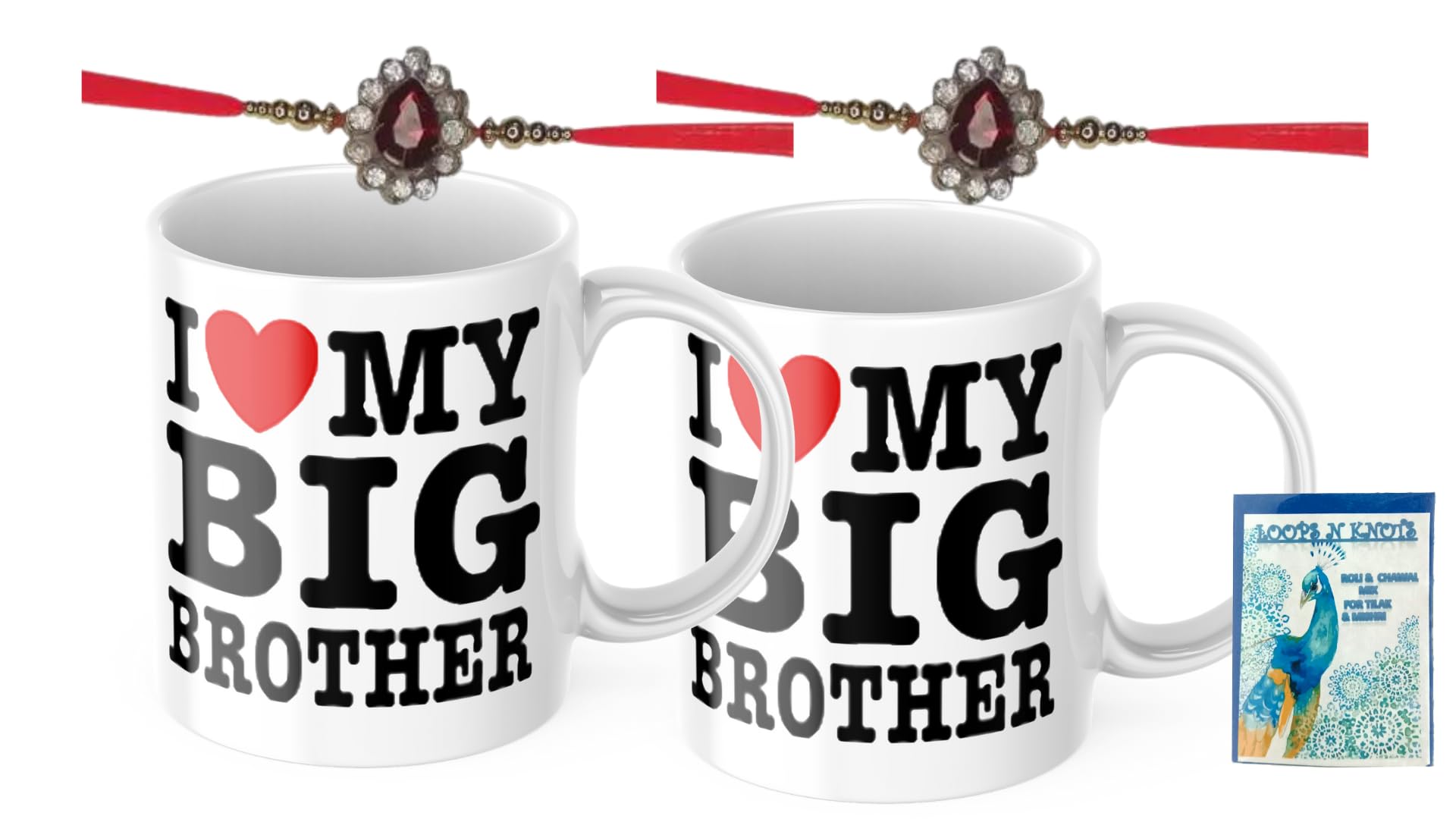 LOOPS N KNOTS Rakhi for Brother with Printed Ceramic Mug and Rakhi Combo |Pack of 2 Mugs& 2 Rakhi (Roli Chawal, Rakhi, Printed Mug,) | Best Rakhi Gift for Brother R&M342