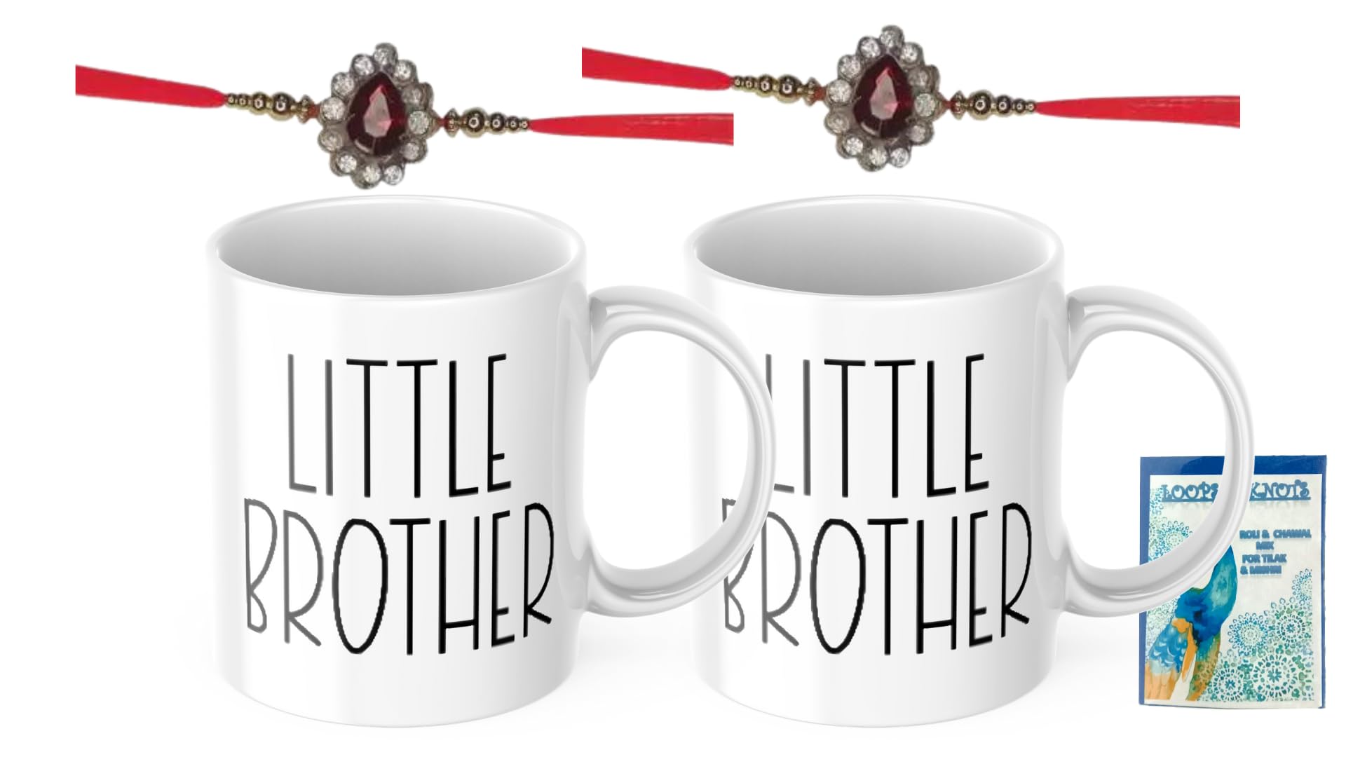 LOOPS N KNOTS Rakhi for Brother with Printed Ceramic Mug and Rakhi Combo |Pack of 2 Mugs& 2 Rakhi (Roli Chawal, Rakhi, Printed Mug,) | Best Rakhi Gift for Brother R&M344