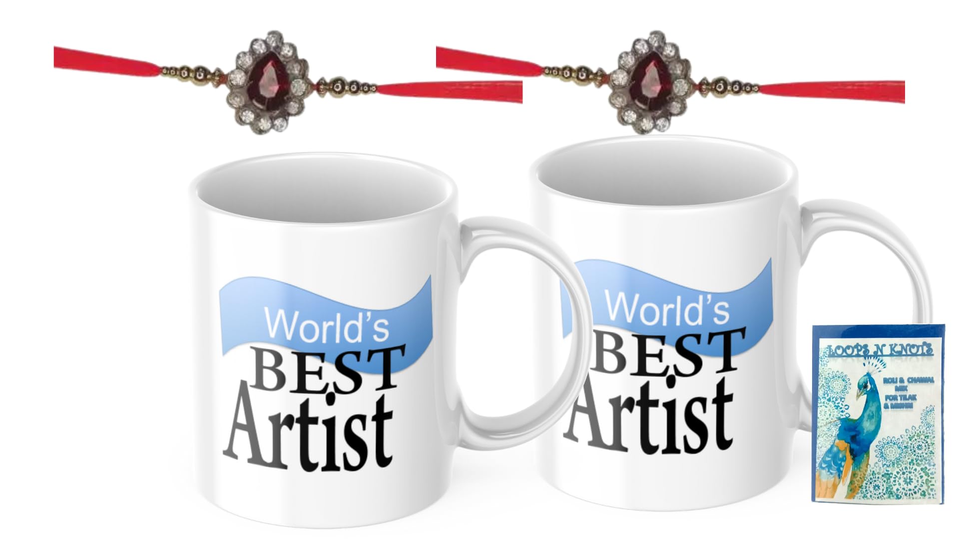 LOOPS N KNOTS Rakhi for Brother with Printed Ceramic Mug and Rakhi Combo |Pack of 2 Mugs& 2 Rakhi (Roli Chawal, Rakhi, Printed Mug,) | Best Rakhi Gift for Brother R&M348