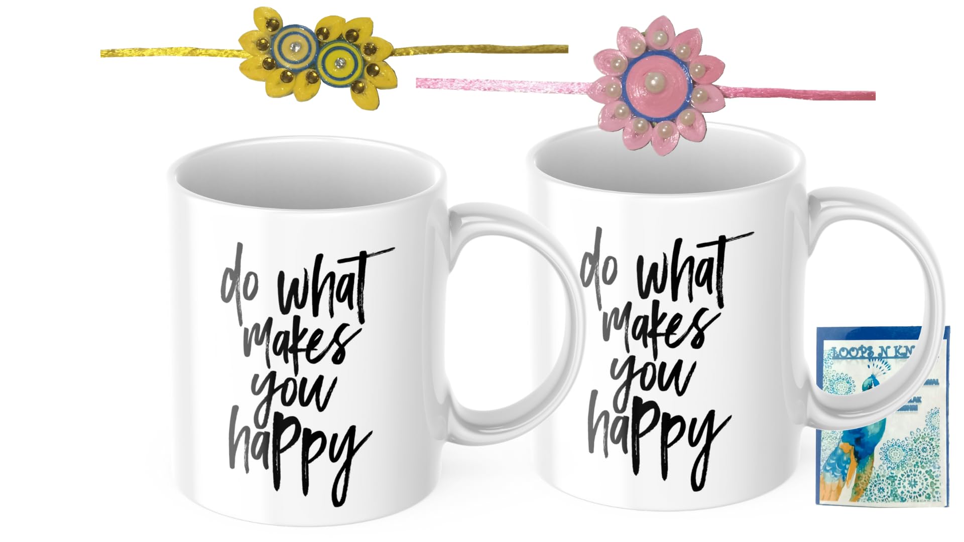 LOOPS N KNOTS Rakhi for Brother with Printed Ceramic Mug and Rakhi Combo |Pack of 2 Mugs& 2 Rakhi (Roli Chawal, Rakhi, Printed Mug,) | Best Rakhi Gift for Brother R&M362