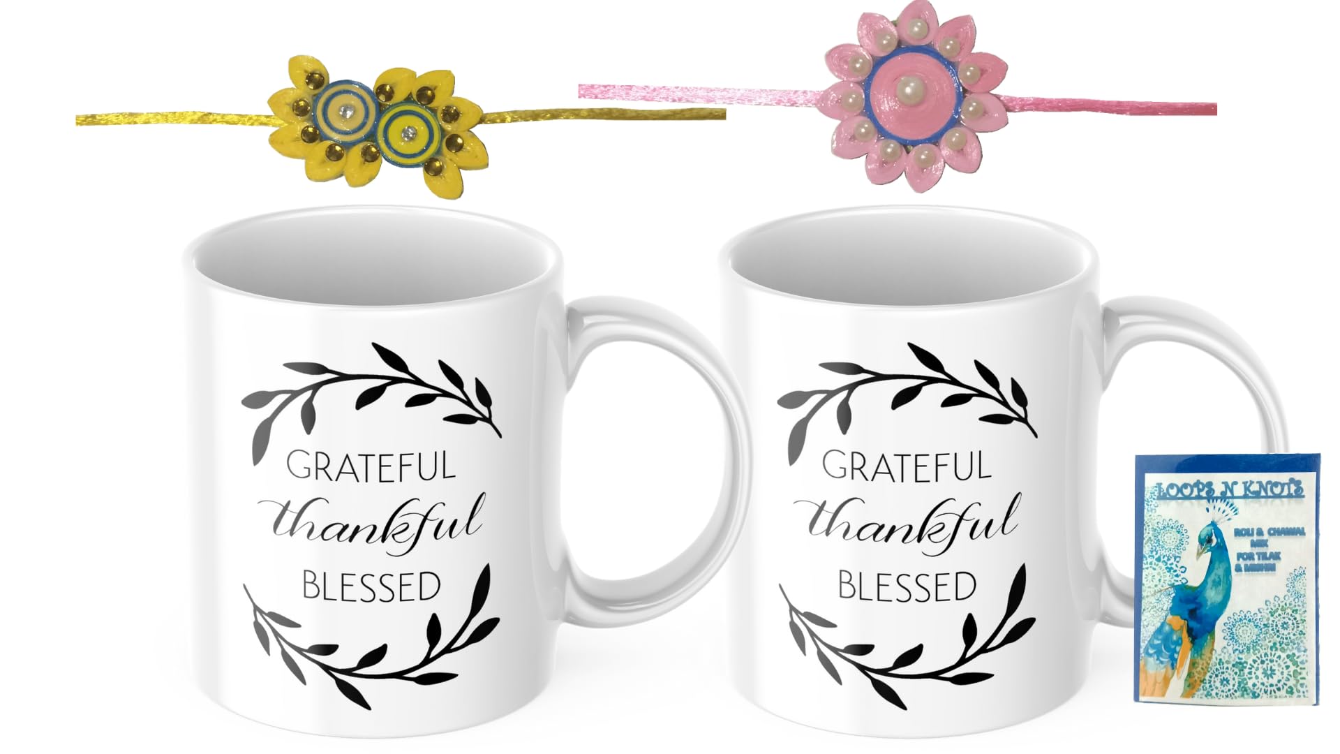 LOOPS N KNOTS Rakhi for Brother with Printed Ceramic Mug and Rakhi Combo |Pack of 2 Mugs& 2 Rakhi (Roli Chawal, Rakhi, Printed Mug,) | Best Rakhi Gift for Brother R&M364