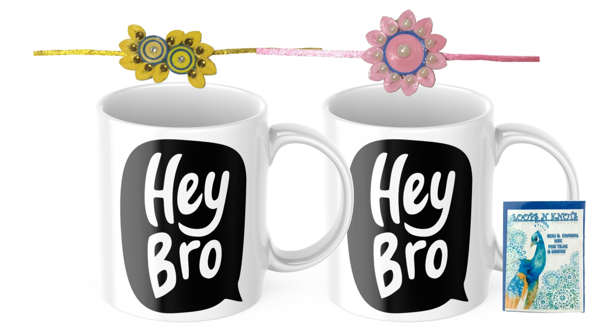 LOOPS N KNOTS Rakhi for Brother with Printed Ceramic Mug and Rakhi Combo |Pack of 2 Mugs& 2 Rakhi (Roli Chawal, Rakhi, Printed Mug,) | Best Rakhi Gift for Brother R&M369