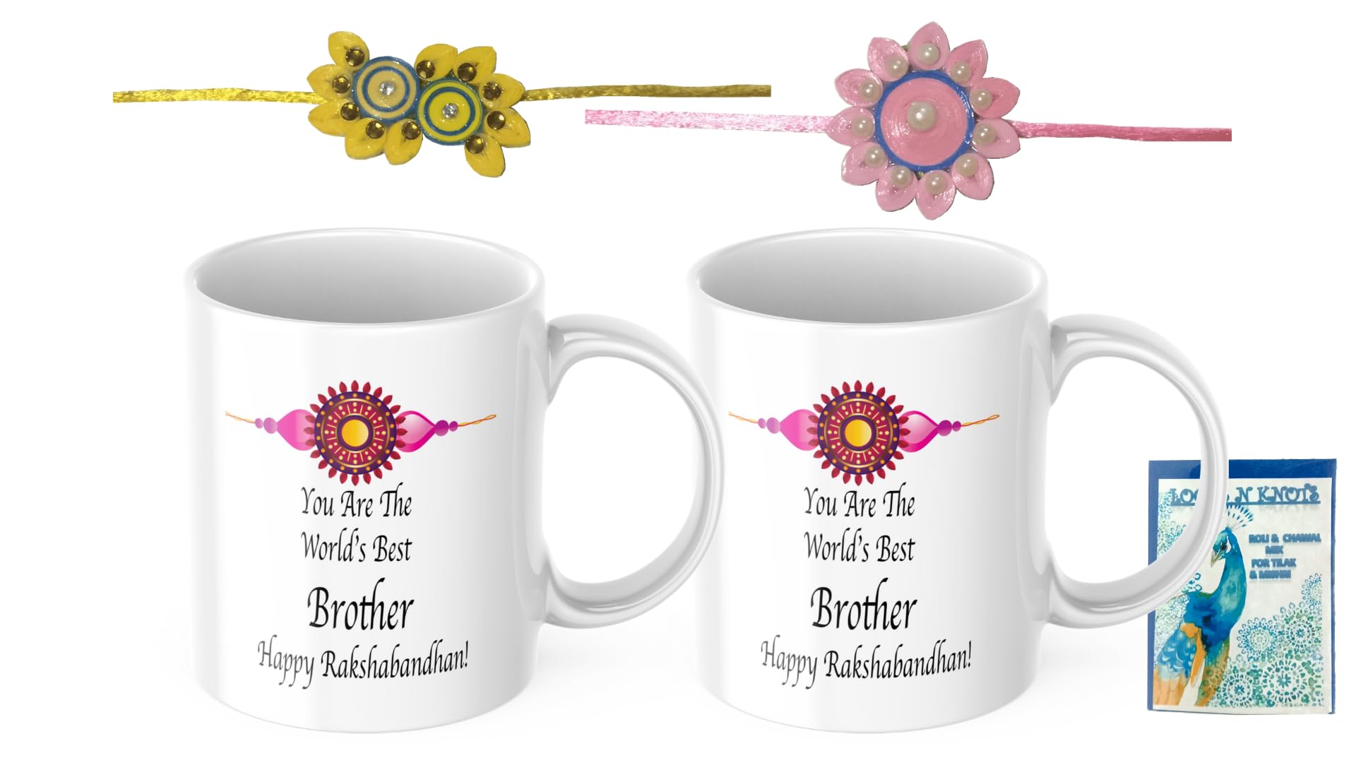 LOOPS N KNOTS Rakhi for Brother with Printed Ceramic Mug and Rakhi Combo |Pack of 2 Mugs& 2 Rakhi (Roli Chawal, Rakhi, Printed Mug,) | Best Rakhi Gift for Brother R&M370