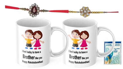 LOOPS N KNOTS Rakhi for Brother with Printed Ceramic Mug and Rakhi Combo |Pack of 2 Mugs& 2 Rakhi (Roli Chawal, Rakhi, Printed Mug,) | Best Rakhi Gift for Brother R&M403