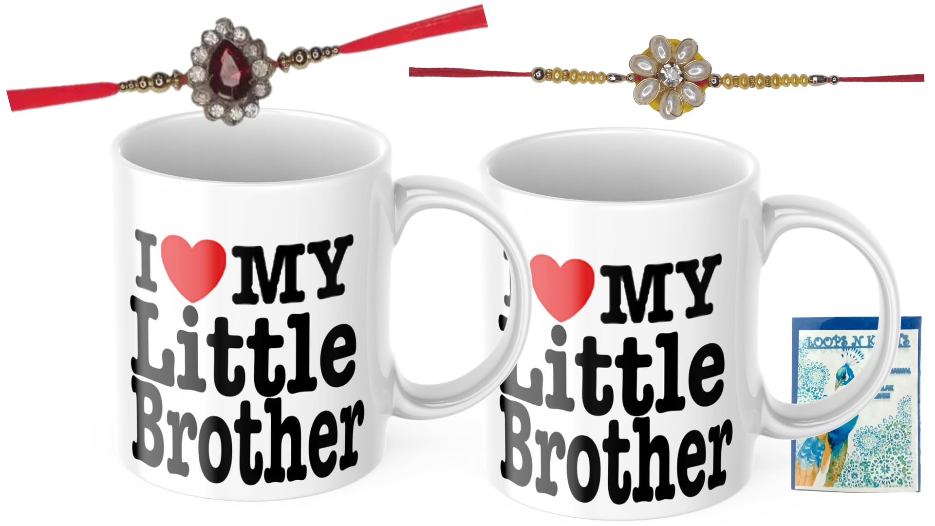 LOOPS N KNOTS Rakhi for Brother with Printed Ceramic Mug and Rakhi Combo |Pack of 2 Mugs& 2 Rakhi (Roli Chawal, Rakhi, Printed Mug,) | Best Rakhi Gift for Brother R&M404