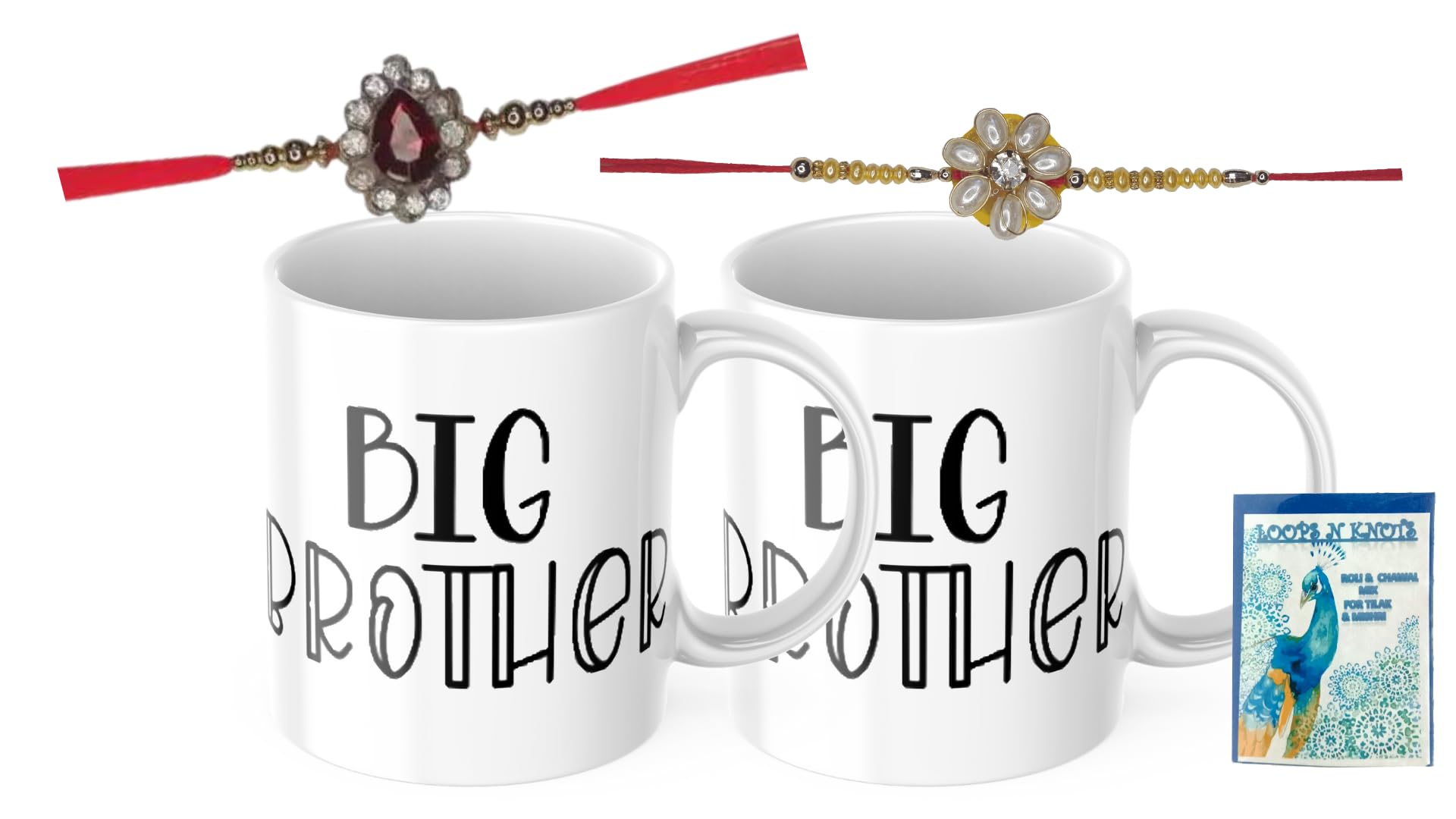 LOOPS N KNOTS Rakhi for Brother with Printed Ceramic Mug and Rakhi Combo |Pack of 2 Mugs& 2 Rakhi (Roli Chawal, Rakhi, Printed Mug,) | Best Rakhi Gift for Brother R&M408