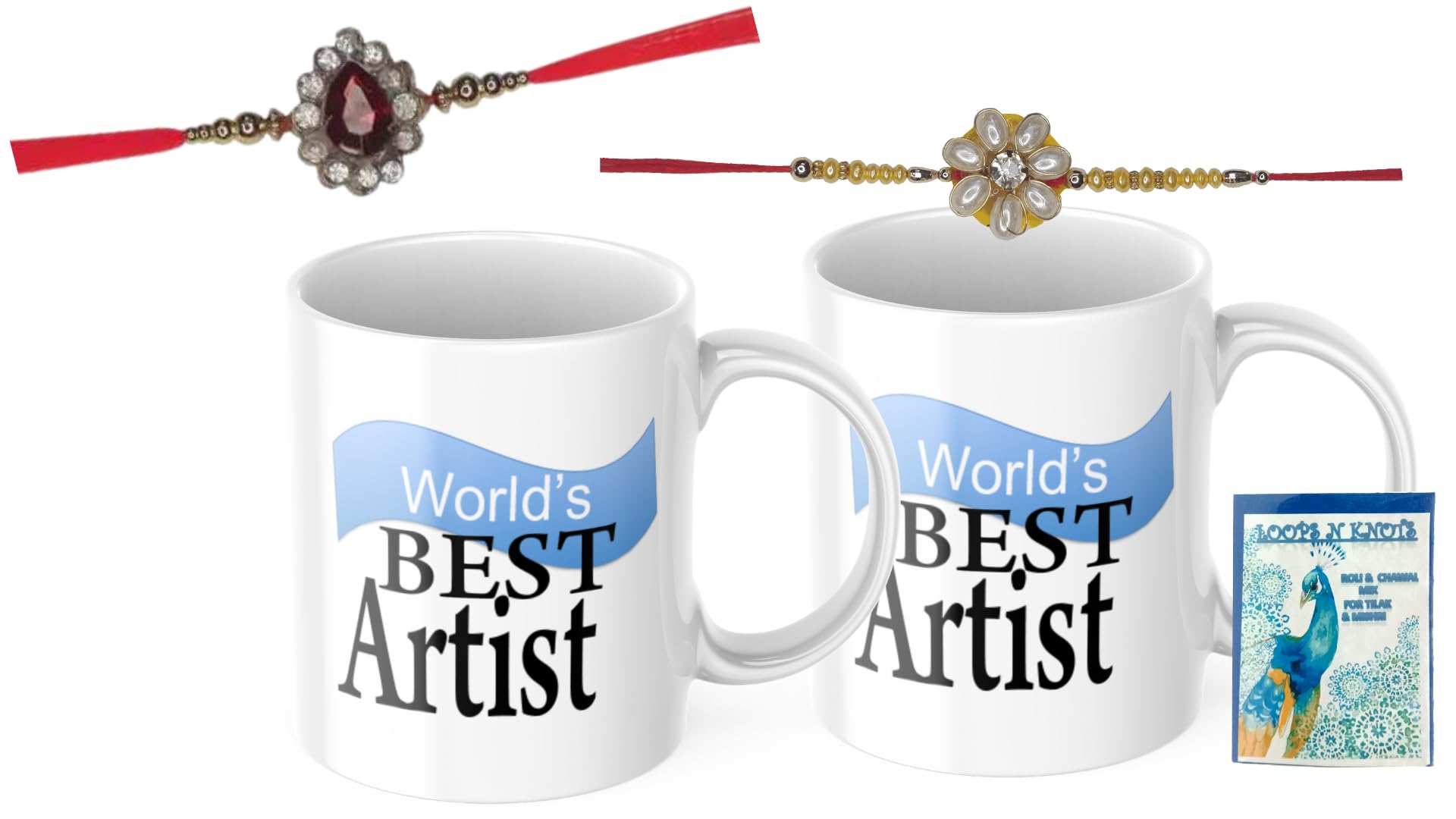 LOOPS N KNOTS Rakhi for Brother with Printed Ceramic Mug and Rakhi Combo |Pack of 2 Mugs& 2 Rakhi (Roli Chawal, Rakhi, Printed Mug,) | Best Rakhi Gift for Brother R&M411