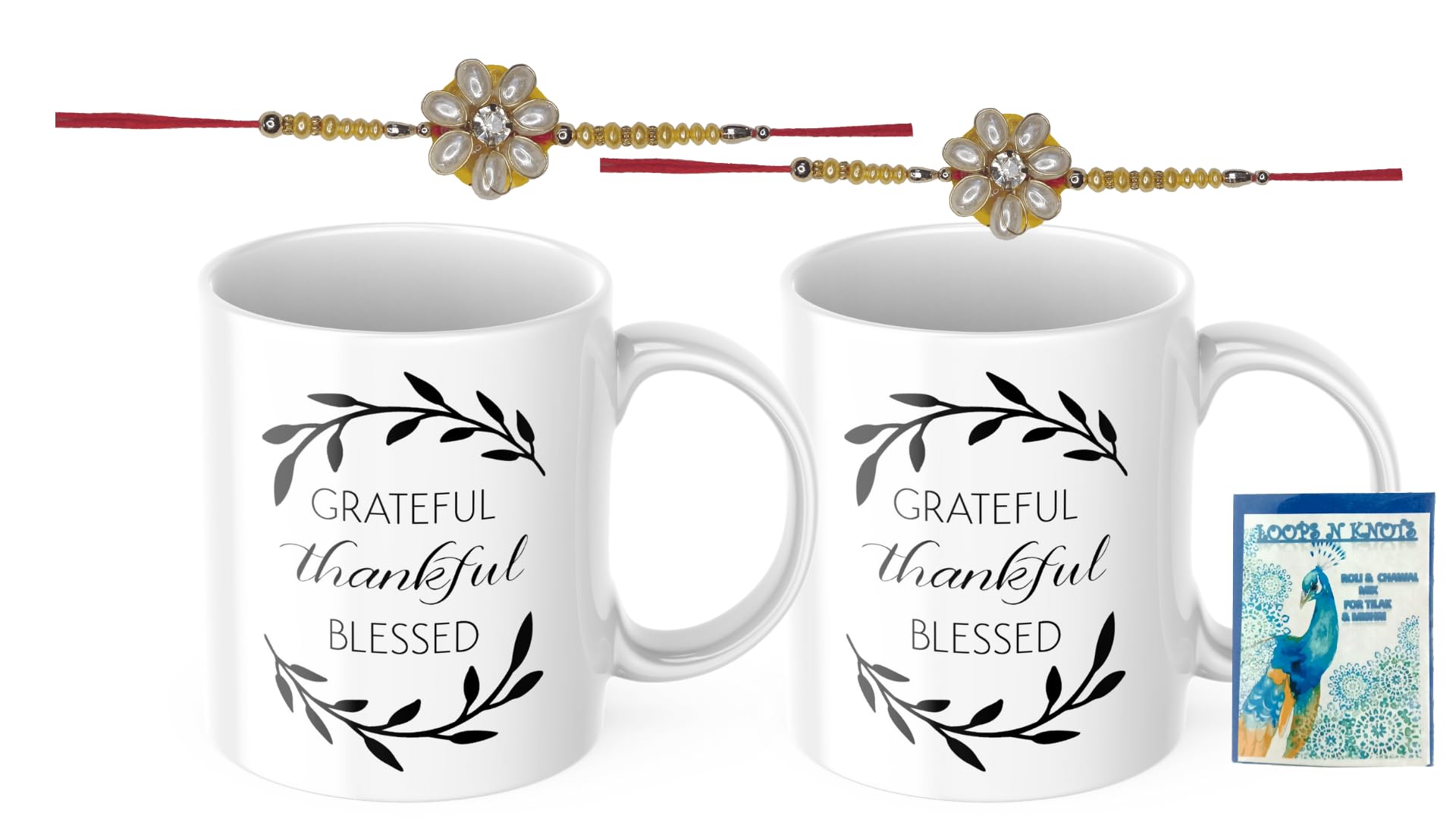 LOOPS N KNOTS Rakhi for Brother with Printed Ceramic Mug and Rakhi Combo |Pack of 2 Mugs& 2 Rakhi (Roli Chawal, Rakhi, Printed Mug,) | Best Rakhi Gift for Brother R&M427