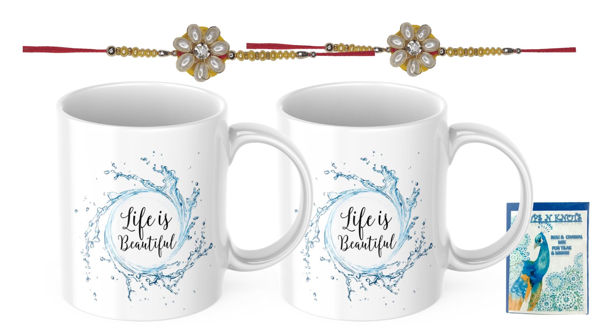 LOOPS N KNOTS Rakhi for Brother with Printed Ceramic Mug and Rakhi Combo |Pack of 2 Mugs& 2 Rakhi (Roli Chawal, Rakhi, Printed Mug,) | Best Rakhi Gift for Brother R&M429