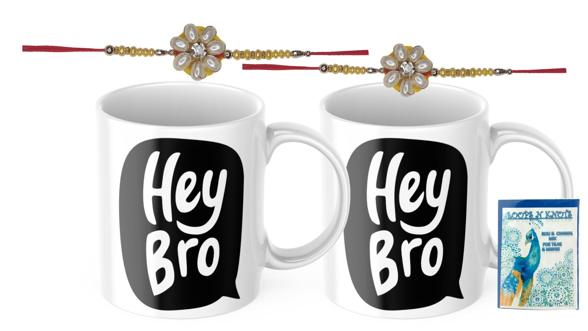 LOOPS N KNOTS Rakhi for Brother with Printed Ceramic Mug and Rakhi Combo |Pack of 2 Mugs& 2 Rakhi (Roli Chawal, Rakhi, Printed Mug,) | Best Rakhi Gift for Brother R&M432