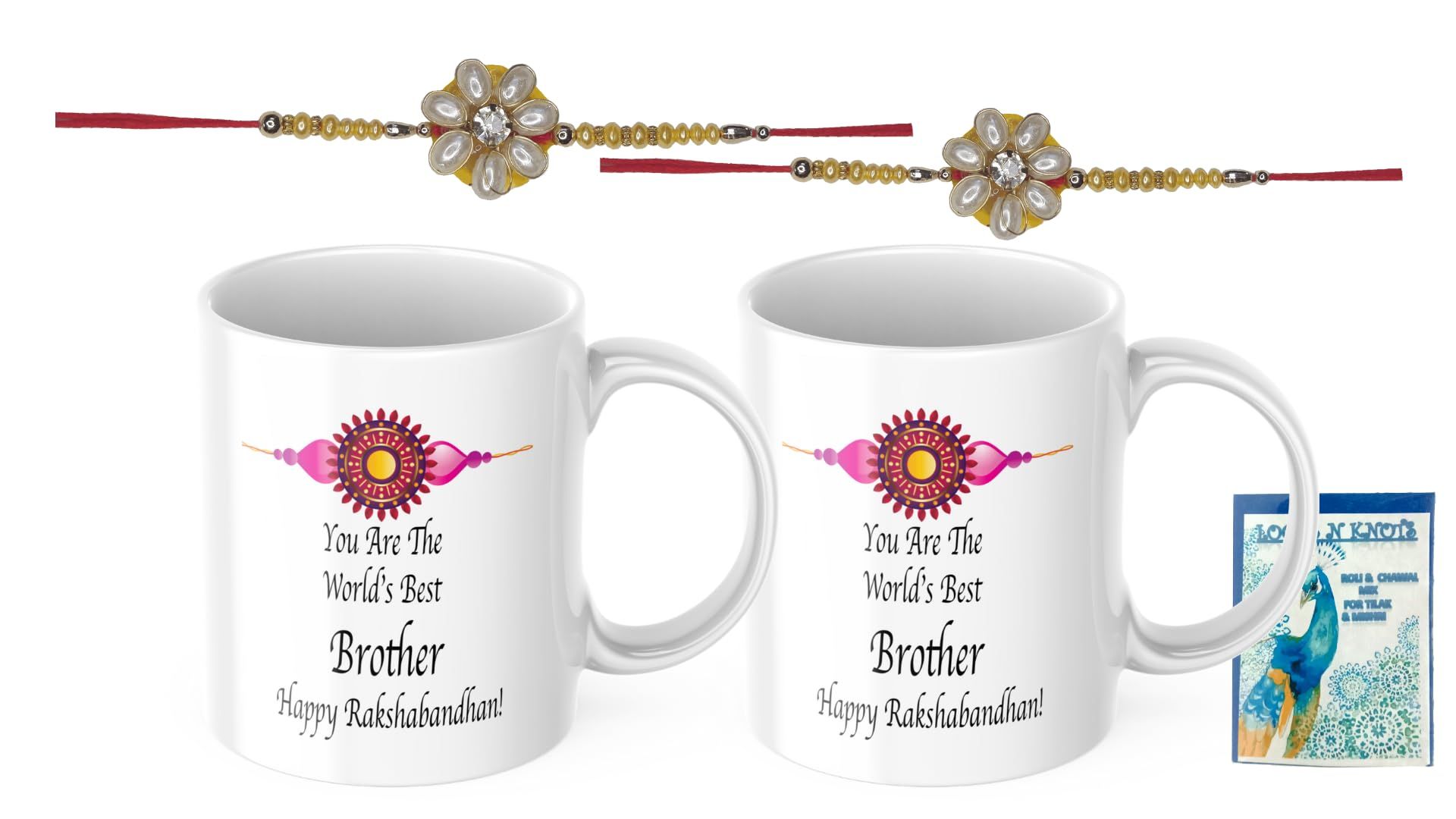 LOOPS N KNOTS Rakhi for Brother with Printed Ceramic Mug and Rakhi Combo |Pack of 2 Mugs& 2 Rakhi (Roli Chawal, Rakhi, Printed Mug,) | Best Rakhi Gift for Brother R&M433