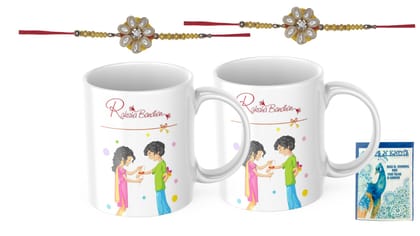 LOOPS N KNOTS Rakhi for Brother with Printed Ceramic Mug and Rakhi Combo |Pack of 2 Mugs& 2 Rakhi (Roli Chawal, Rakhi, Printed Mug,) | Best Rakhi Gift for Brother R&M434