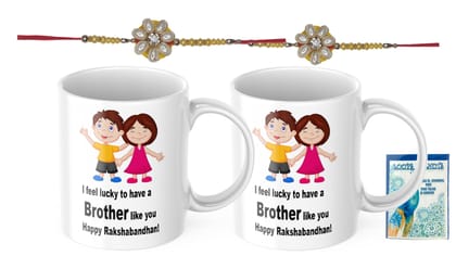 LOOPS N KNOTS Rakhi for Brother with Printed Ceramic Mug and Rakhi Combo |Pack of 2 Mugs& 2 Rakhi (Roli Chawal, Rakhi, Printed Mug,) | Best Rakhi Gift for Brother R&M435