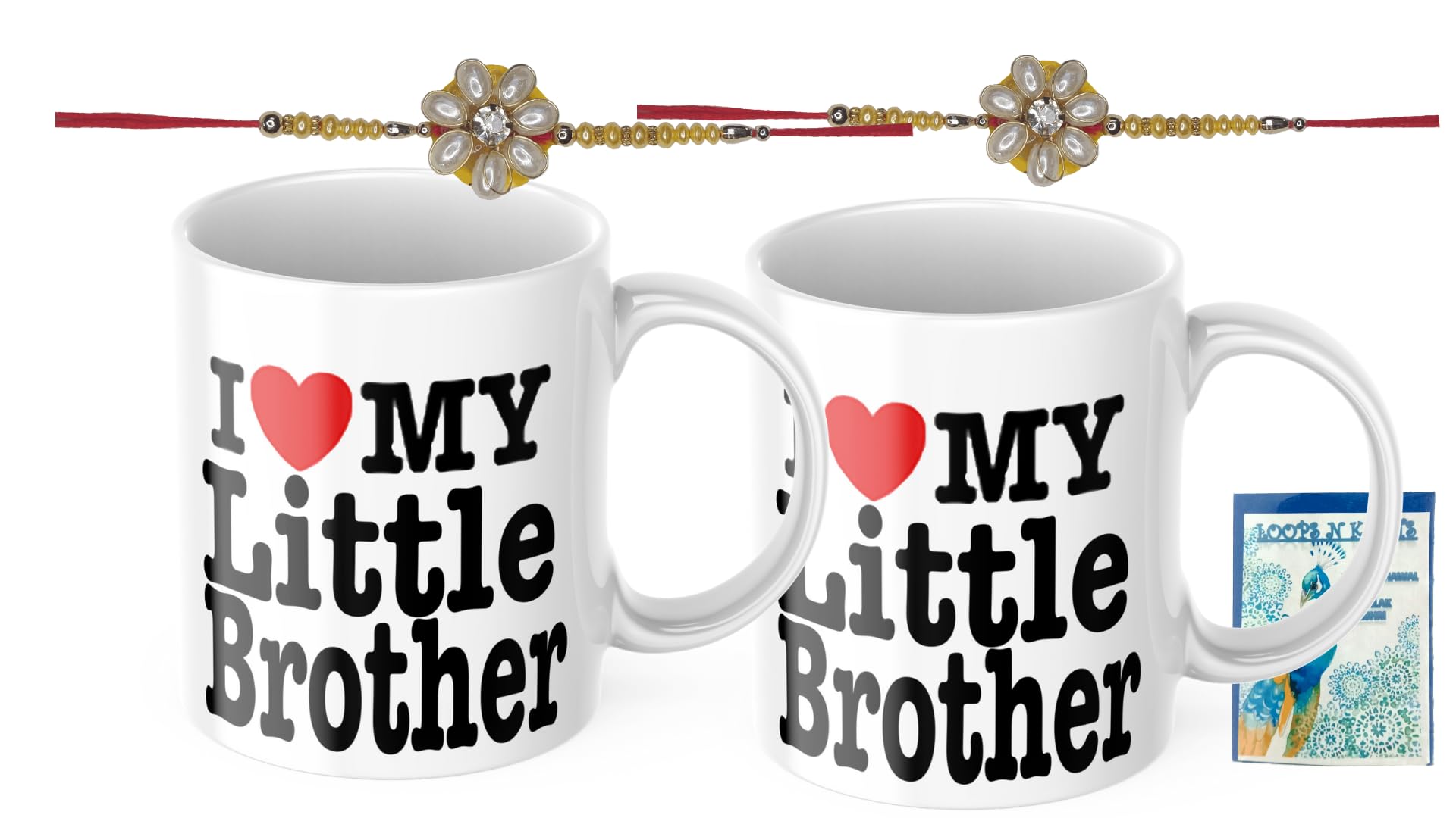 LOOPS N KNOTS Rakhi for Brother with Printed Ceramic Mug and Rakhi Combo |Pack of 2 Mugs& 2 Rakhi (Roli Chawal, Rakhi, Printed Mug,) | Best Rakhi Gift for Brother R&M436