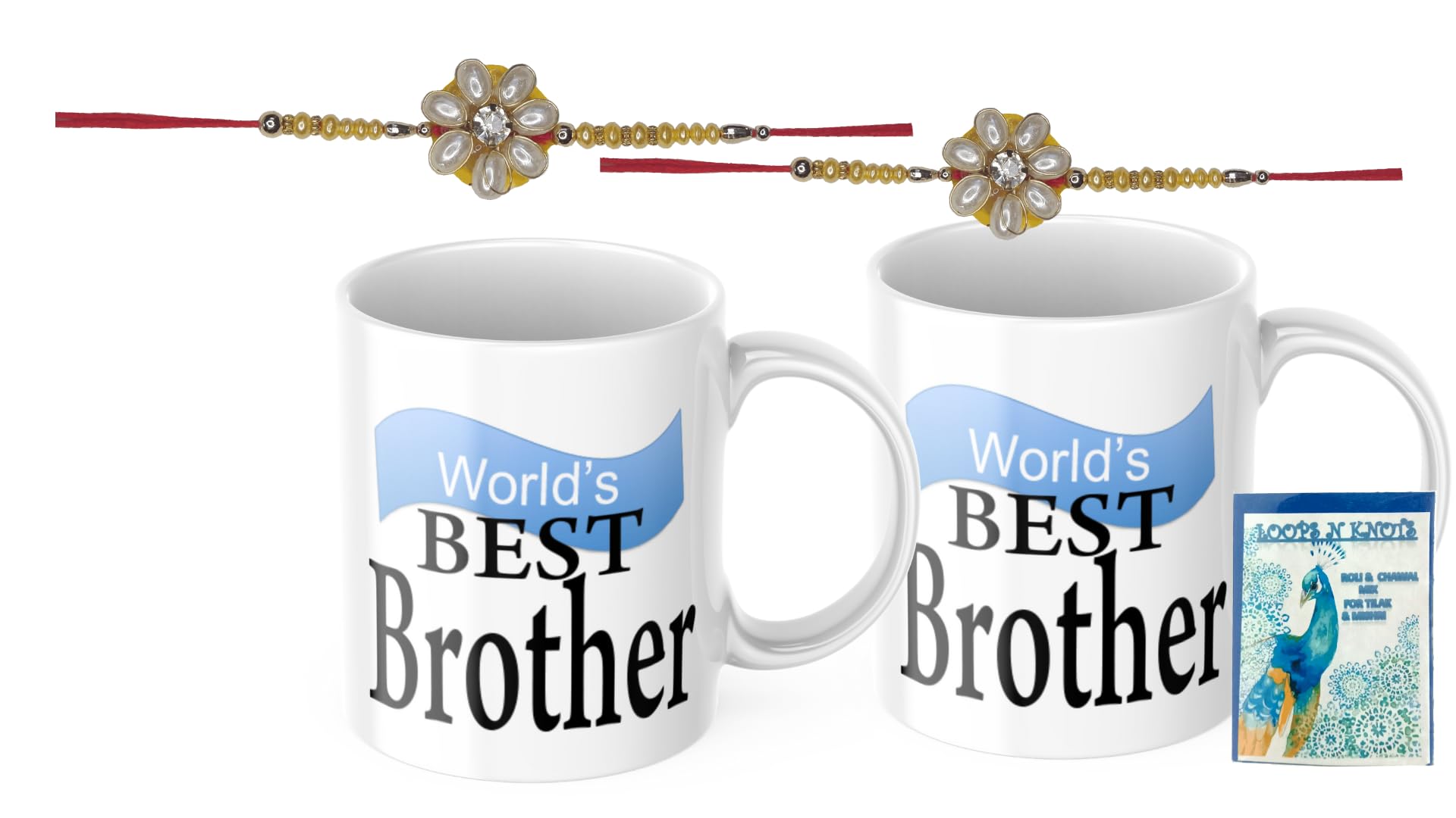 LOOPS N KNOTS Rakhi for Brother with Printed Ceramic Mug and Rakhi Combo |PPack of 2 Mugs& 2 Rakhi (Roli Chawal, Rakhi, Printed Mug,) | Best Rakhi Gift for Brother R&M445