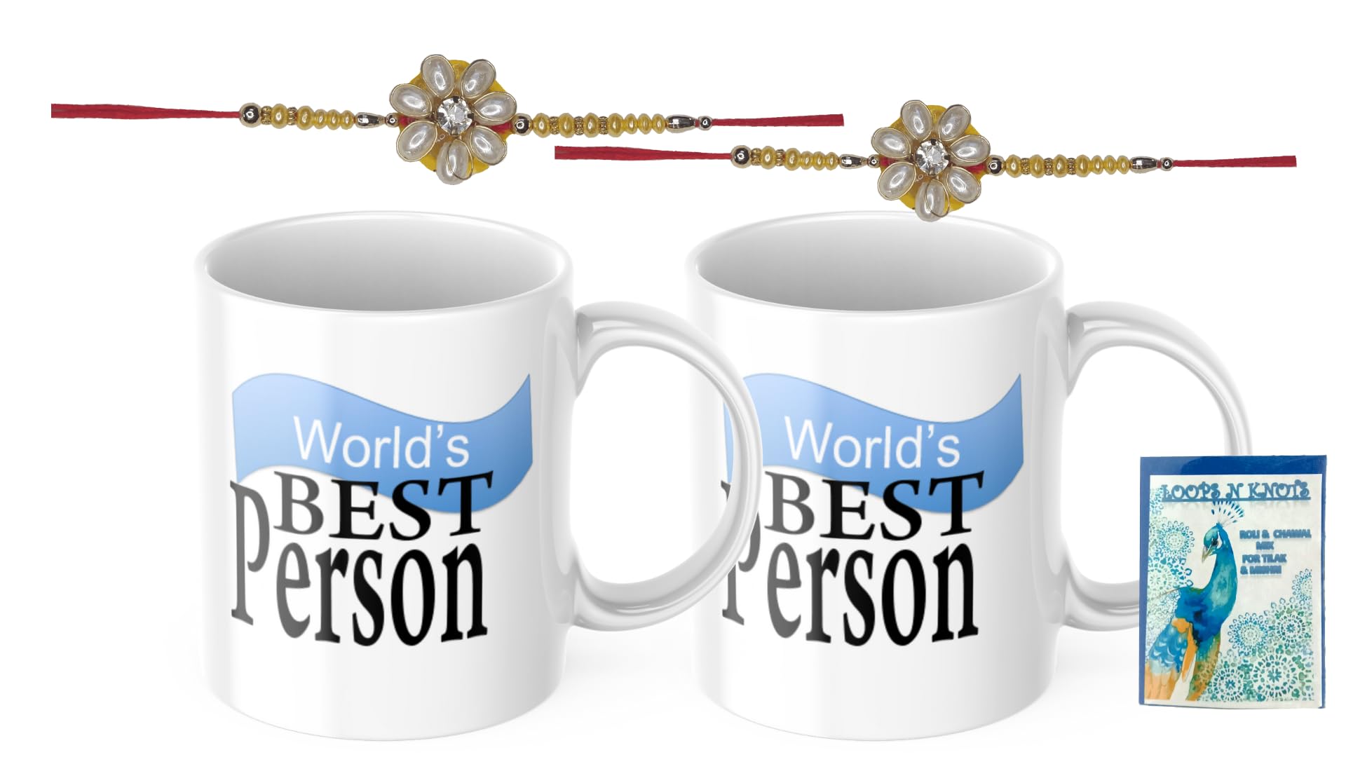 LOOPS N KNOTS Rakhi for Brother with Printed Ceramic Mug and Rakhi Combo |Pack of 2 Mugs& 2 Rakhi (Roli Chawal, Rakhi, Printed Mug,) | Best Rakhi Gift for Brother R&M448