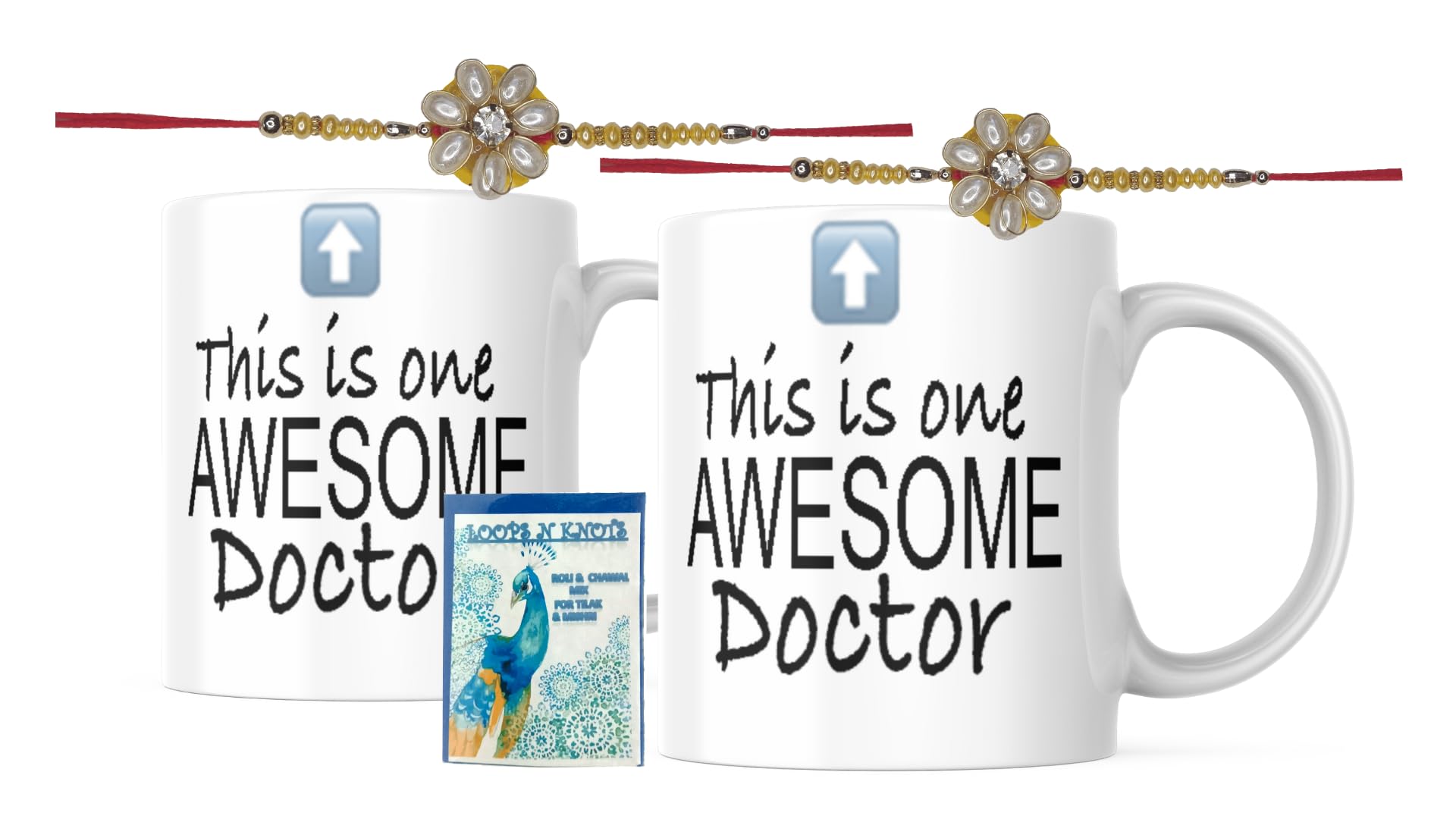 LOOPS N KNOTS Rakhi for Brother with Printed Ceramic Mug and Rakhi Combo |Pack of 2 Mugs& 2 Rakhi (Roli Chawal, Rakhi, Printed Mug,) | Best Rakhi Gift for Brother R&M454