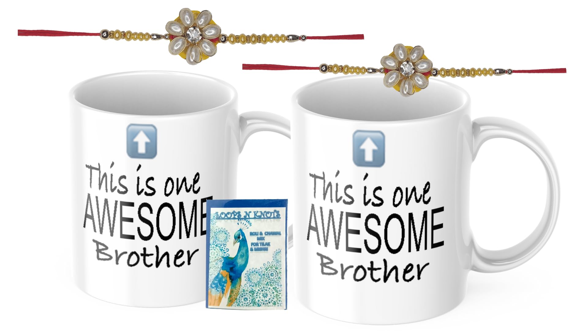 LOOPS N KNOTS Rakhi for Brother with Printed Ceramic Mug and Rakhi Combo |Pack of 2 Mugs& 2 Rakhi (Roli Chawal, Rakhi, Printed Mug,) | Best Rakhi Gift for Brother R&M455