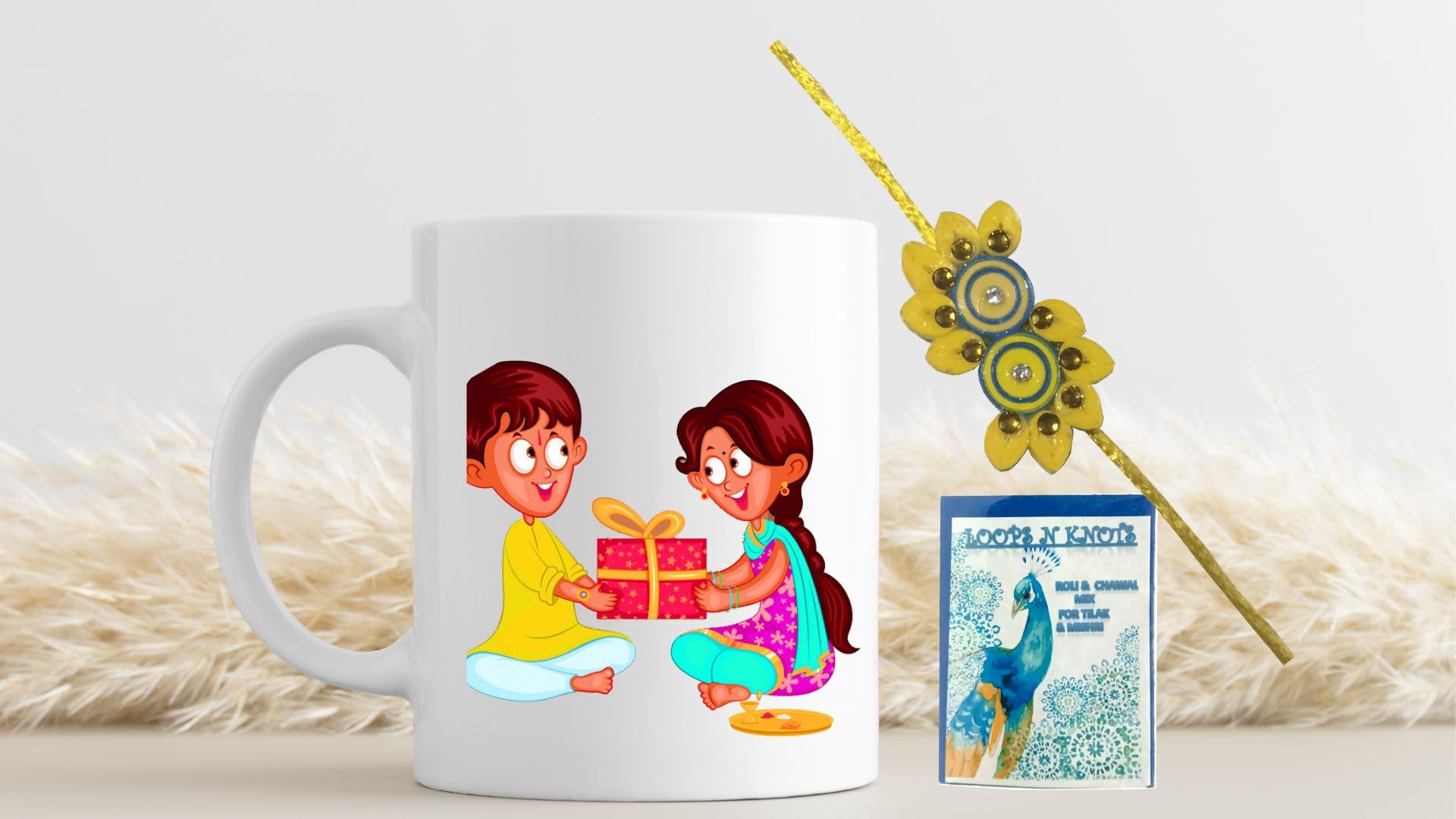 LOOPS N KNOTS Rakhi for Brother with Printed Ceramic Mug and Rakhi Combo |Pack of 3 (Roli Chawal, Rakhi, Printed Mug,) | Best Rakhi Gift for Brother R&M034A