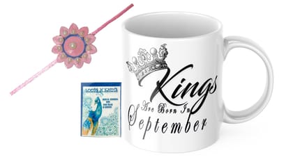 LOOPS N KNOTS Rakhi for Brother with Printed kings are born in september Ceramic Mug and Rakhi Combo | Pack of 3 (Roli Chawal, Rakhi, Printed Mug) | Best Rakhi Gift for Brother