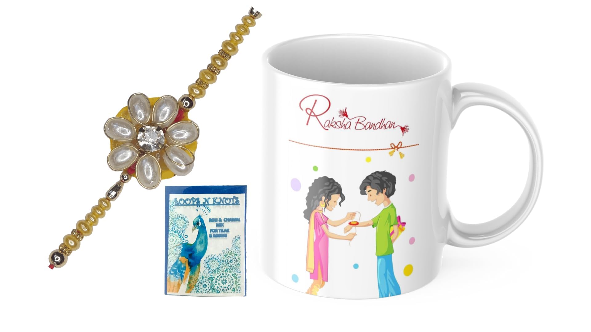 LOOPS N KNOTS Rakhi for Brother with Printed Ceramic Mug and Rakhi Combo |Pack of 3 (Roli Chawal, Rakhi, Printed Mug,) | Best Rakhi Gift for Brother R&M140A