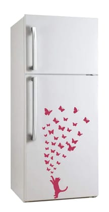 Sticker Studio Cat with Butterfly Fridge Sticker (PVC,Vinyl,Size - 55 cm X 30 cm)