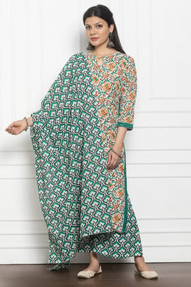 Green White Organic Mulmul Dupatta