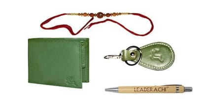 LEADERACHI Raksha Bandhan Genuine Full Grain Green Leather RFID Blocking Bi fold Wallet for Men .(W25GR)