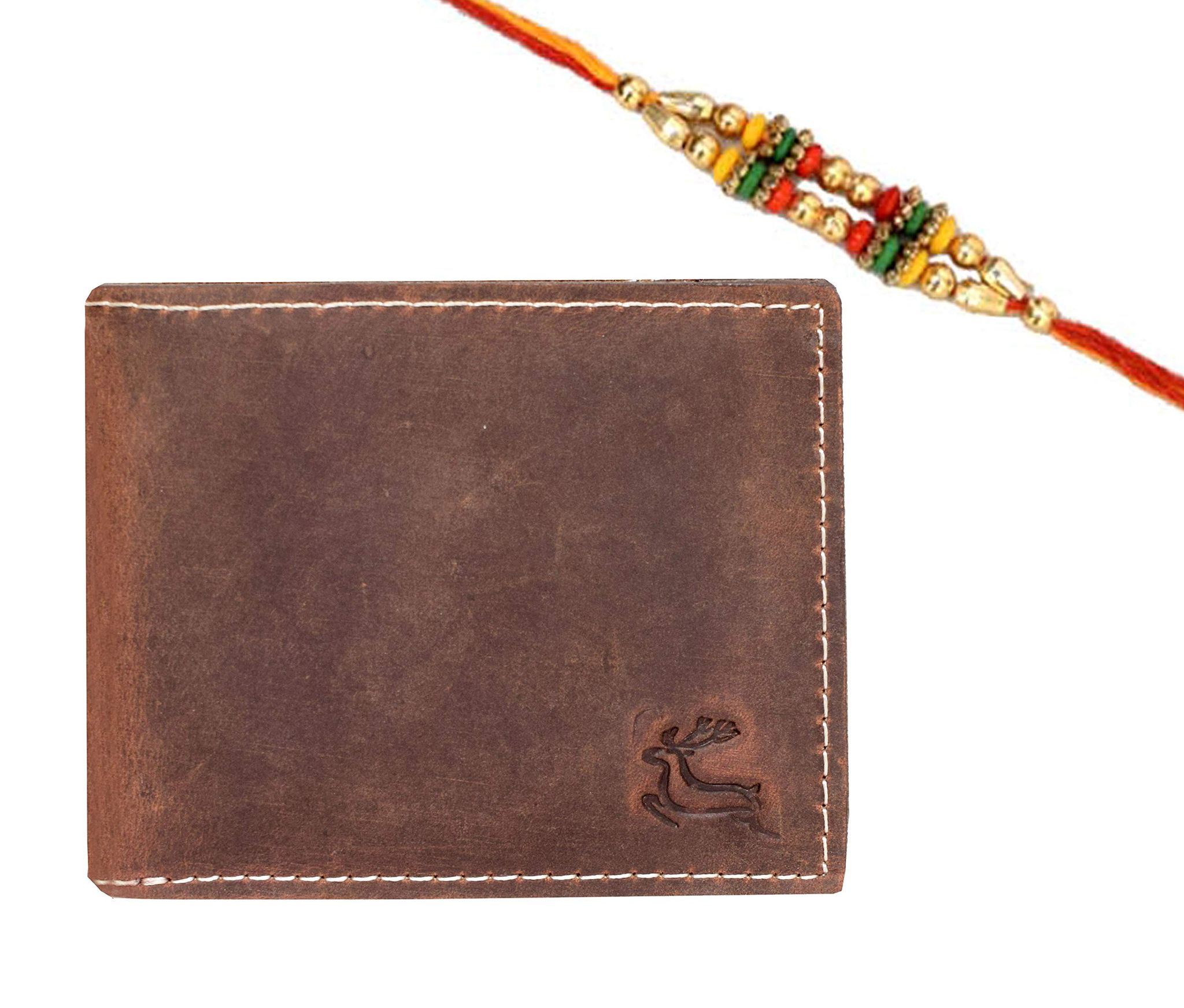 LEADERACHI--Raksha Bandhan Genuine - Full Grain Hunter Leather RFID Blocking Bi fold Wallet for Men .(W16)