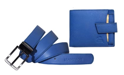 LEADERACHI Genuine Full Grain Blueish Leather RFID Blocking Bi fold Wallet & Genuine Leather Belt Combo Set for Mens.(WB-7001BL)