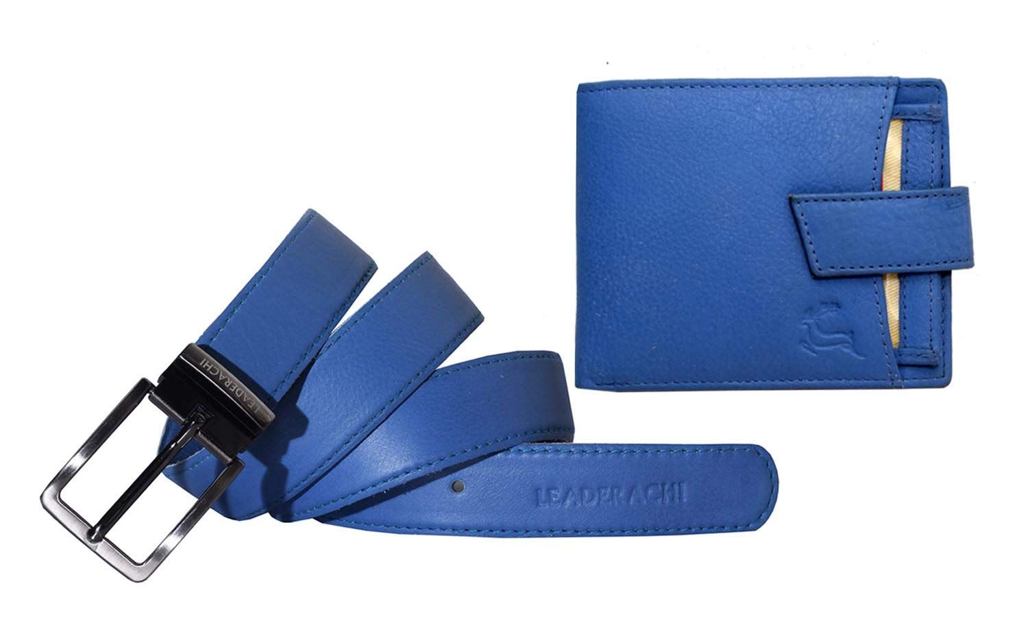 LEADERACHI Genuine Full Grain Blueish Leather RFID Blocking Bi fold Wallet & Genuine Leather Belt Combo Set for Mens.(WB-7001BL)