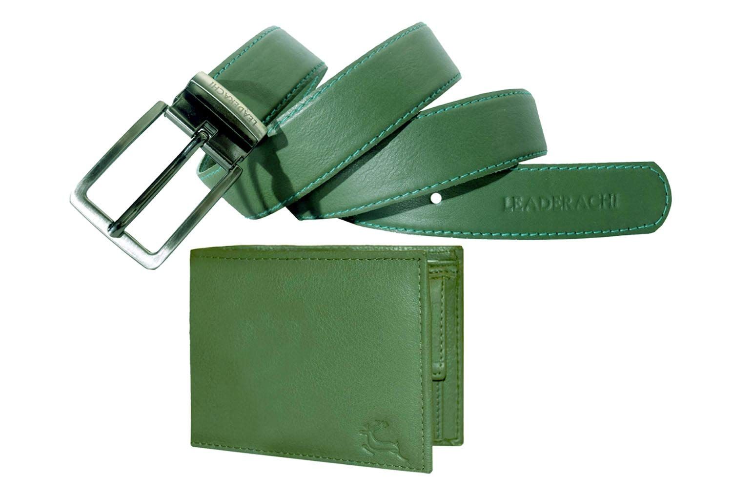 LEADERACHI Genuine Full Grain Green Leather Bi fold Wallet & Genuine Leather Belt Combo Set for Mens.(WB-25GR)