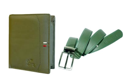 LEADERACHI Genuine Full Grain Green Leather Bi fold Wallet & Genuine Leather Belt Combo Set for Mens.(WB-23GR)