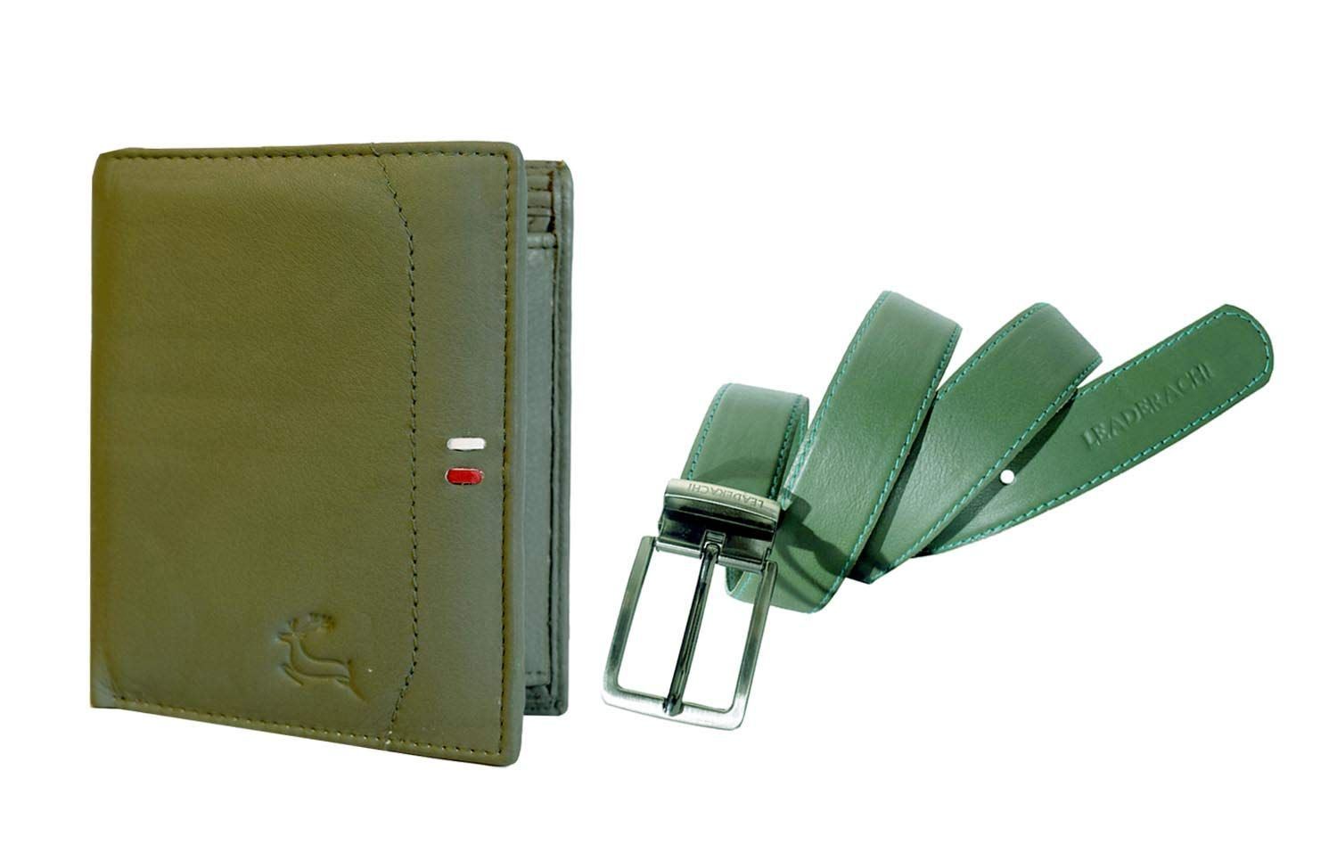 LEADERACHI Genuine Full Grain Green Leather Bi fold Wallet & Genuine Leather Belt Combo Set for Mens.(WB-23GR)