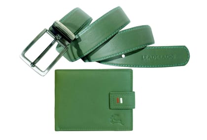 LEADERACHI Genuine Full Grain Green Leather RFID Blocking Bi fold Wallet & Genuine Leather Belt Combo Set for Mens.(WB-21GR)