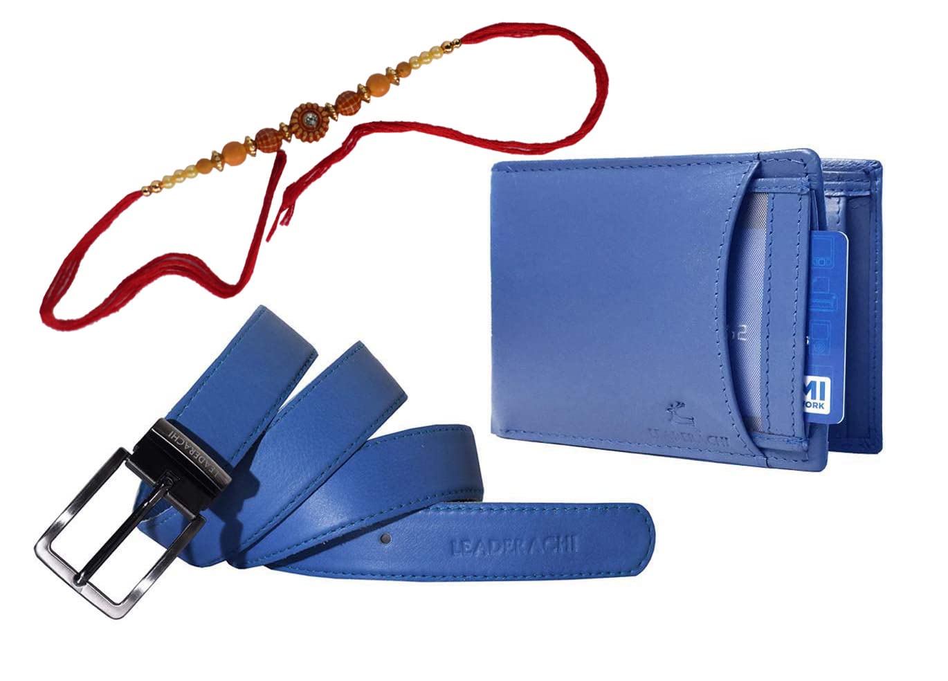 LEADERACHI - Rakhsha Bandhan-Genuine Full Grain Blue Leather Wallet & Genuine Leather Belt Combo Gift Box for Mens.(RAKHI-WB-7002BL)