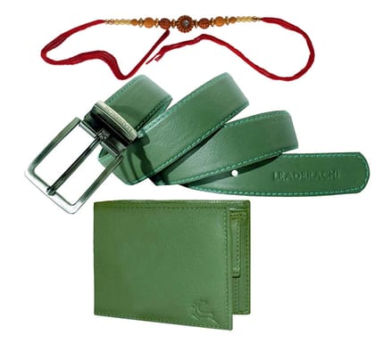 LEADERACHI - Rakhsha Bandhan-Genuine Full Grain Greenish Leather Wallet & Genuine Leather Belt Combo Gift Box for Mens.(RAKHI-WB-25GR)