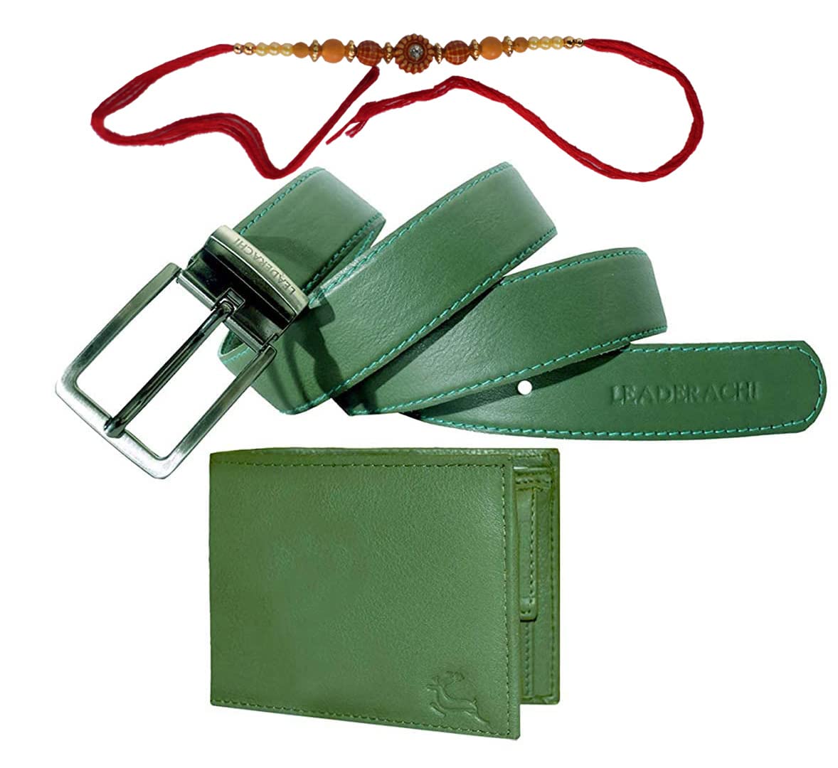 LEADERACHI - Rakhsha Bandhan-Genuine Full Grain Greenish Leather Wallet & Genuine Leather Belt Combo Gift Box for Mens.(RAKHI-WB-25GR)