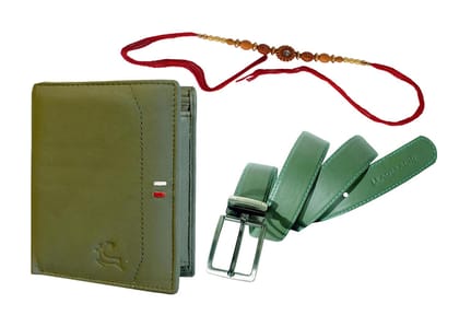 LEADERACHI - Rakhsha Bandhan-Genuine Full Grain Greenish Leather Wallet & Genuine Leather Belt Combo Gift Box for Mens.(RAKHI-WB-23GR)