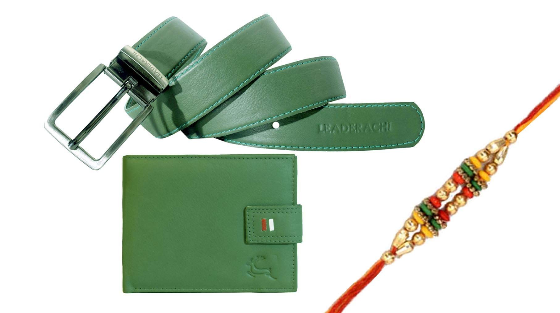 LEADERACHI - Rakhsha Bandhan-Genuine Full Grain Greenish Leather Wallet & Genuine Leather Belt Combo Gift Box for Mens..(RAKHI-WB-21GR)