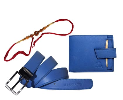 LEADERACHI - Rakhsha Bandhan-Genuine Full Grain Blue Leather Wallet & Genuine Leather Belt Combo Gift Box for Mens.(RAKHI-WB-7001BL)