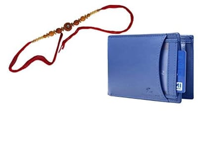 LEADERACHI - Raksha Bandhan Genuine Full Grain Blue Leather RFID Blocking Bi fold Wallet for Men .(W7002BL)