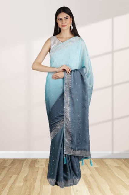 Grey Leheriya Printed Georgette Saree | Leemboodi