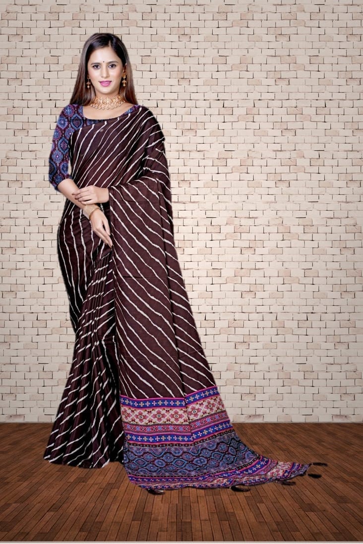 Bagh Print on Handwoven Maheshwari Silk Cotton Saree in Brown with min –  Shobitam