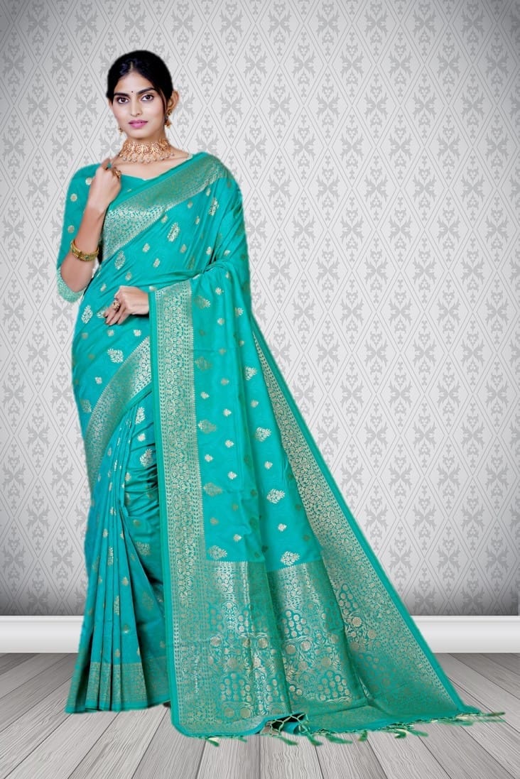 Banarasee Soft Semi Silk Saree With Contrast Border-Olive Green
