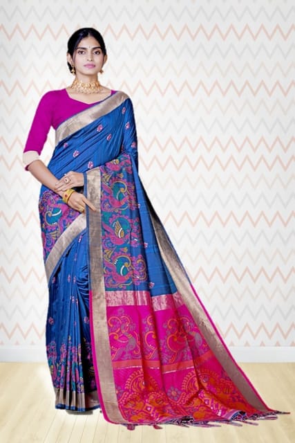 Buy Blue Floral Print Tussar Silk Saree With Unstitched Blouse Piece