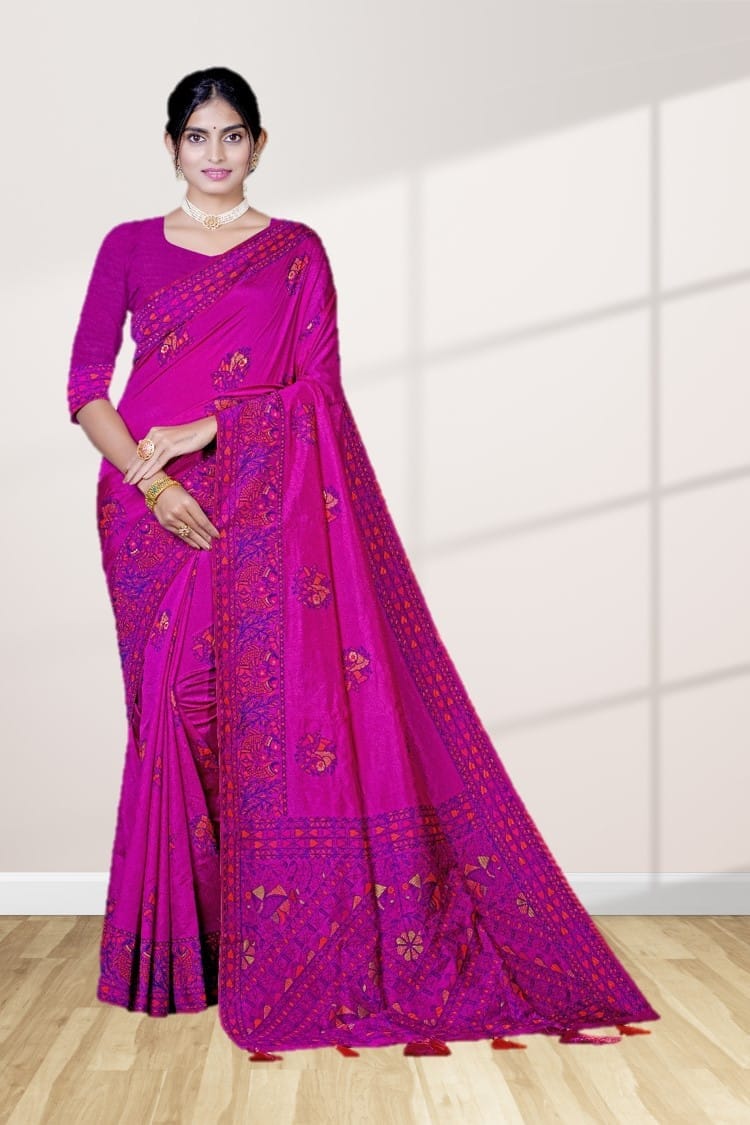 Baluchari Silk - Stunning rani pink and gold mythological motifs on saree